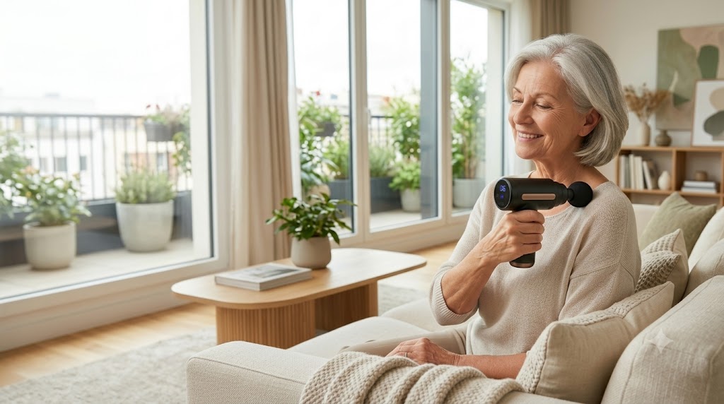 Femme senior souriante utilisant l'appareil de massage à percussion Reliva dans un salon lumineux